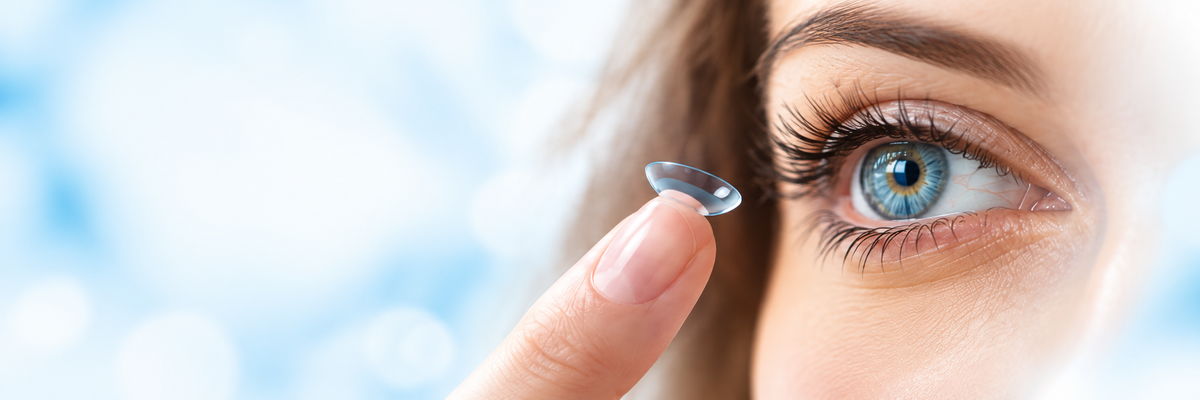 Blauw oog met een contactlens op een vingertop tegen een lichtblauwe achtergrond